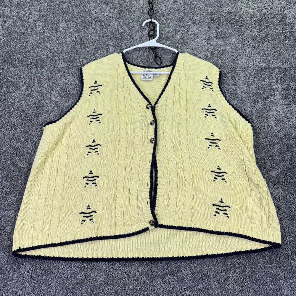 C.J. Banks Sweater Womens 1X Yellow Star Embroidered Knit Vest Button Front